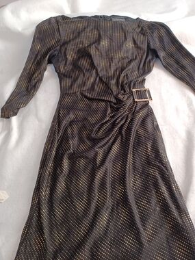 Tahari Black Long-Sleeve Dress with Gold Dot Accents and Side Buckle